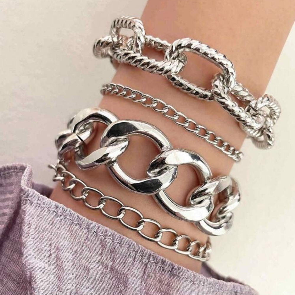 Silver Cuban Link Chain Bracelet Set